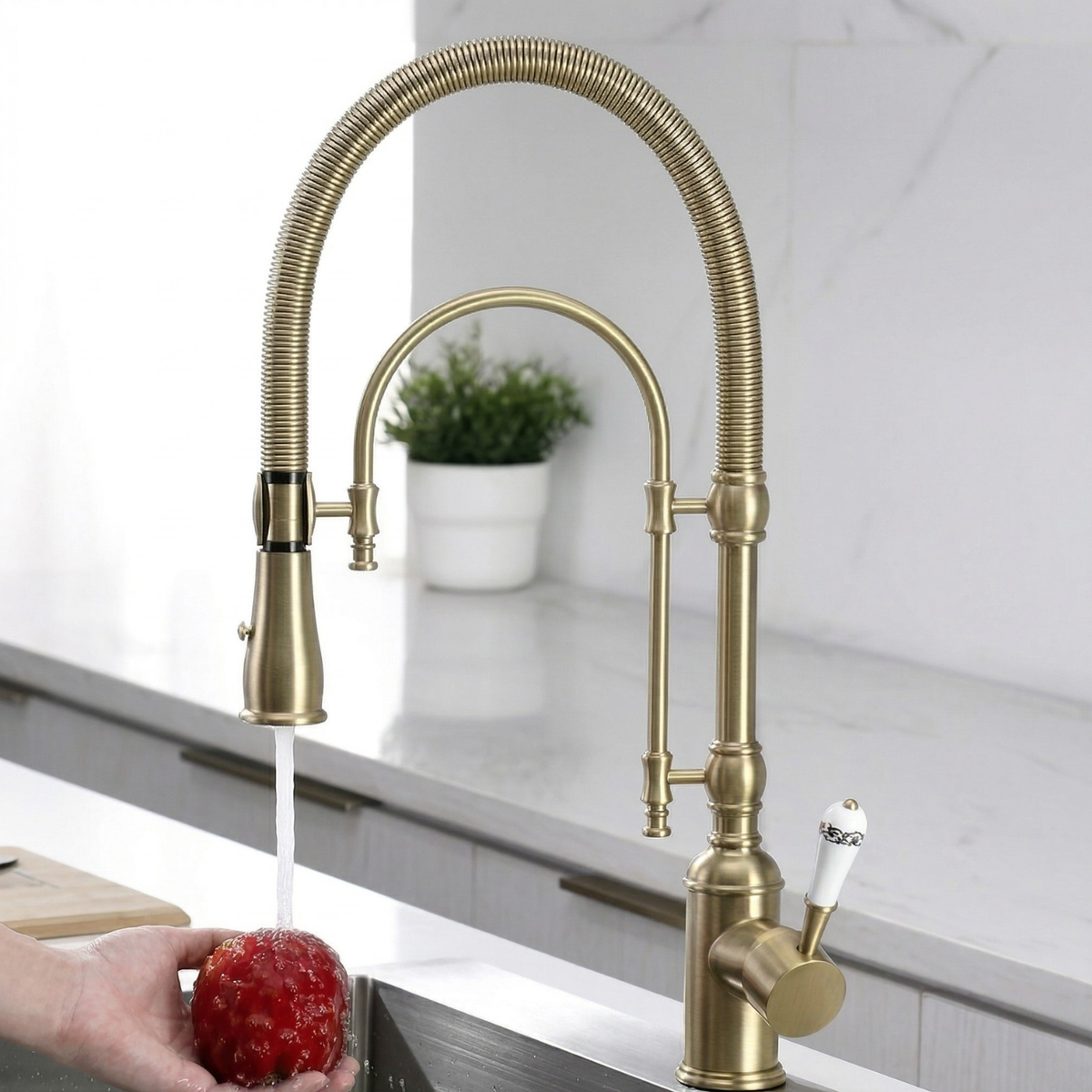 Ironvale Industrial Pull-Down Kitchen Faucet — solid brass body, close-up | Casa Norex
