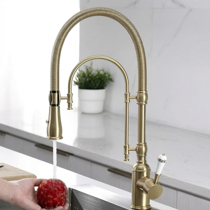 Ironvale Industrial Pull-Down Kitchen Faucet — solid brass body, close-up | Casa Norex
