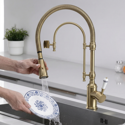 Ironvale Industrial Pull-Down Kitchen Faucet — 360° swivel design, close-up | Casa Norex
