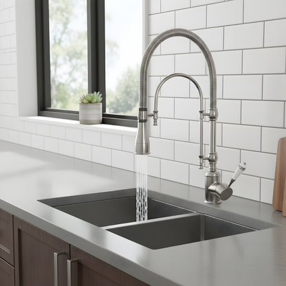 Ironvale Industrial Pull-Down Kitchen Faucet — ceramic disc valve, close-up | Casa Norex