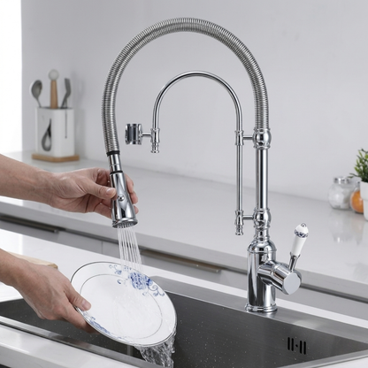 Ironvale Industrial Pull-Down Kitchen Faucet — solid brass body, angled view | Casa Norex