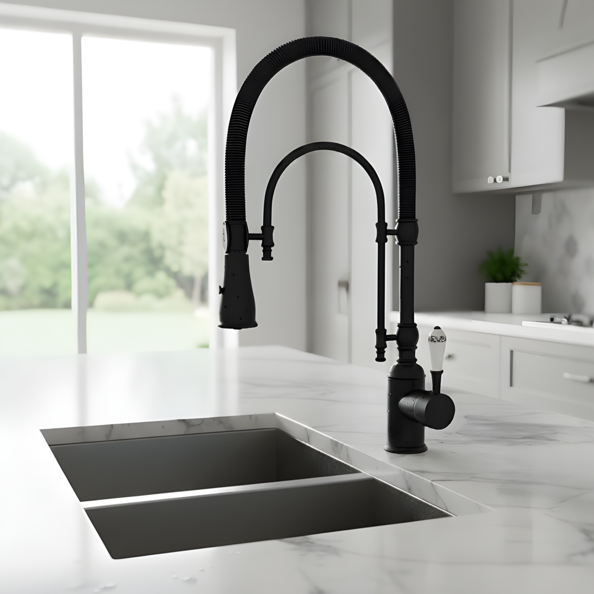 Ironvale Industrial Pull-Down Kitchen Faucet — exposed open-coil spring neck, front view | Casa Norex