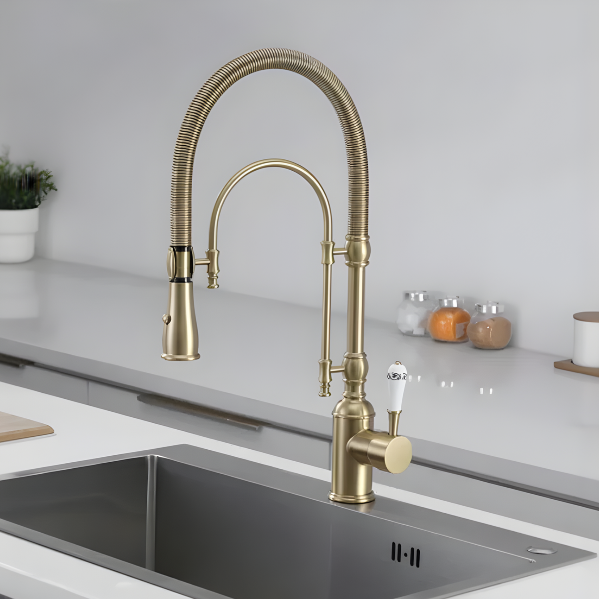 Ironvale Industrial Pull-Down Kitchen Faucet — exposed open-coil spring neck, close-up | Casa Norex