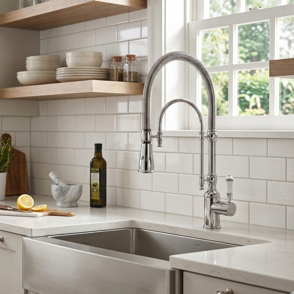 Ironvale Industrial Pull-Down Kitchen Faucet — exposed open-coil spring neck, angled view | Casa Norex