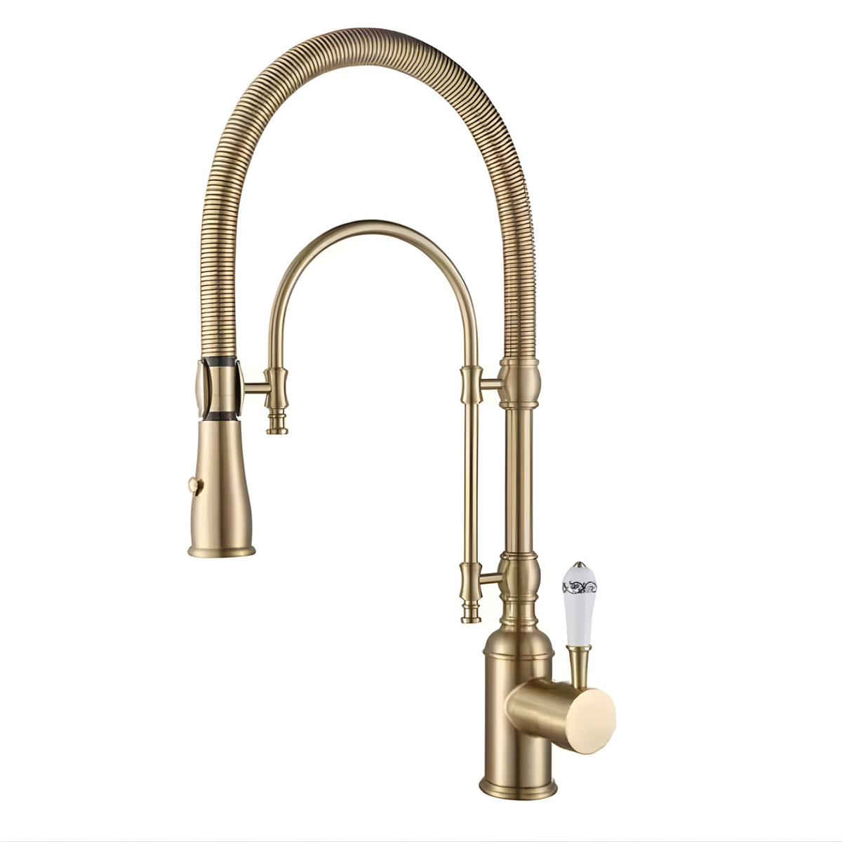 Ironvale Industrial Pull-Down Kitchen Faucet — 5 available finishes, angled view | Casa Norex