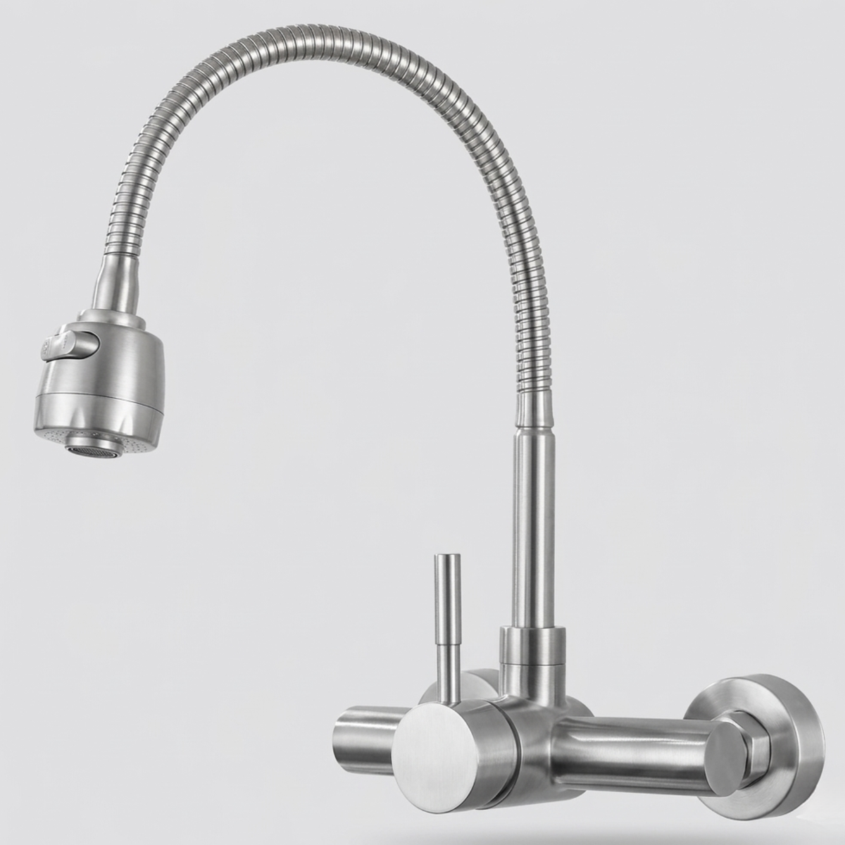 Millcross Wall-Mounted Kitchen Faucet — stainless steel and brass body, angled view | Casa Norex