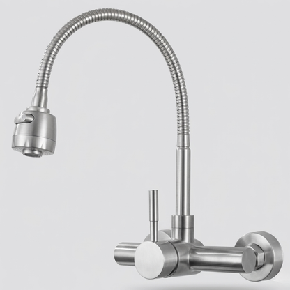 Millcross Wall-Mounted Kitchen Faucet — stainless steel and brass body, angled view | Casa Norex