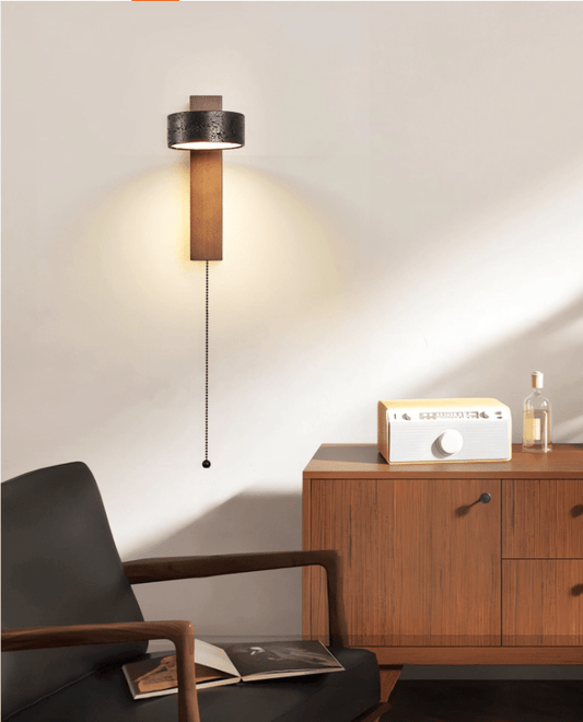 Black travertine wall sconce with walnut wood base | Casa Norex
