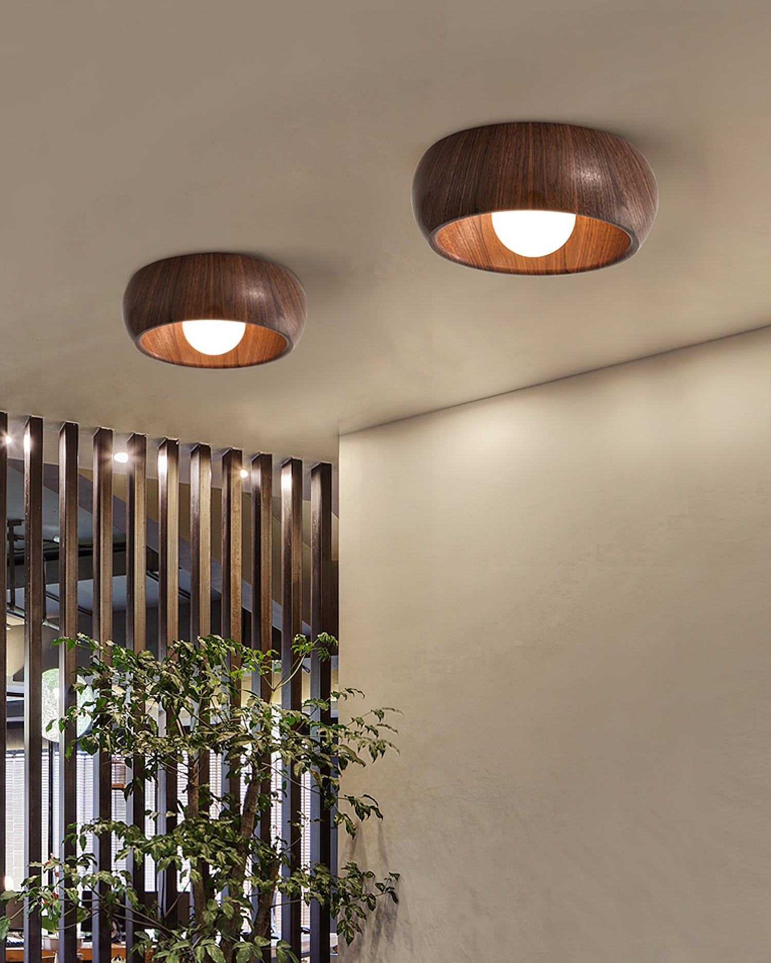 Zuwa wood grain ceiling lamp white finish installed - Casa Norex