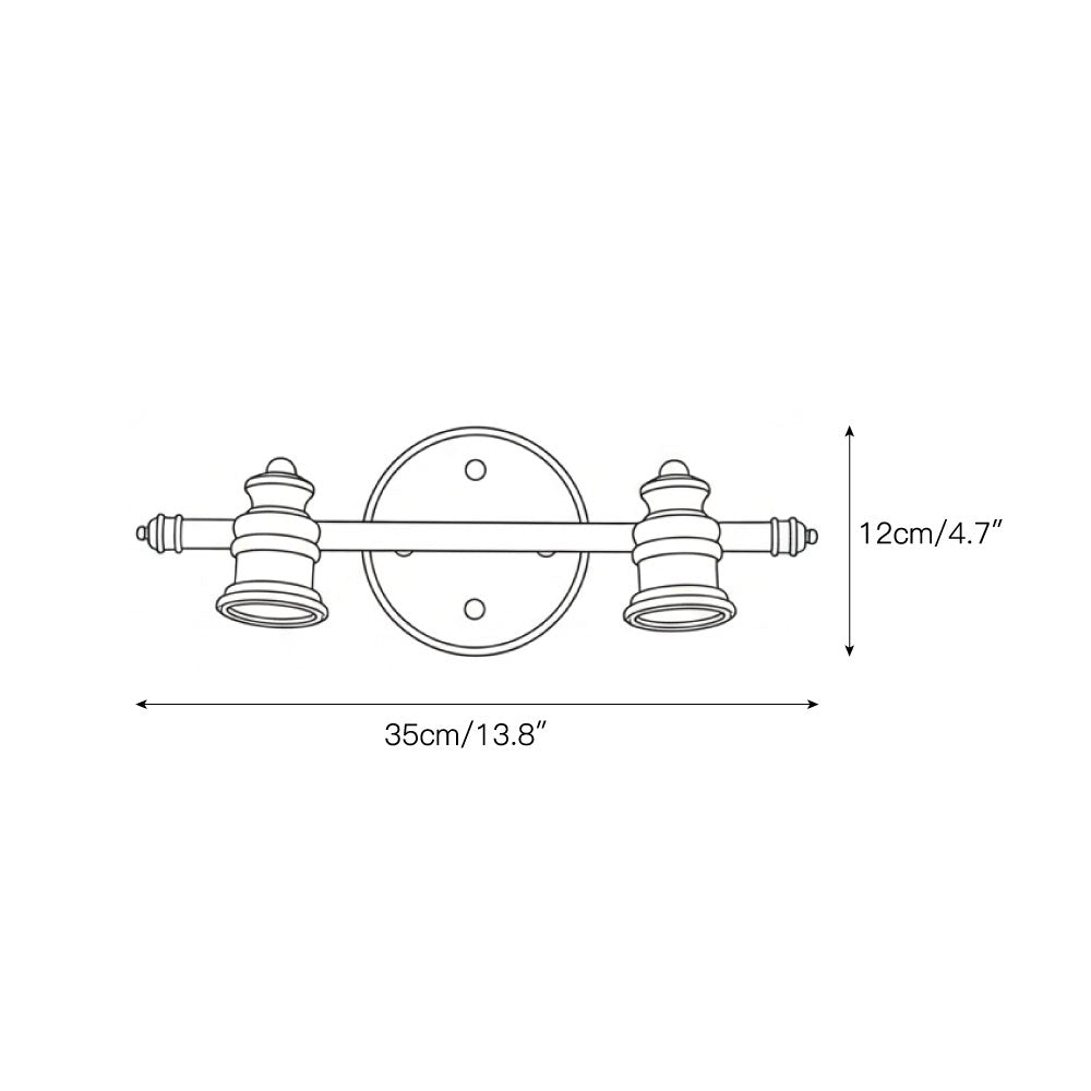 Dimension drawing of the two-head brass spotlight bar — Casa Norex