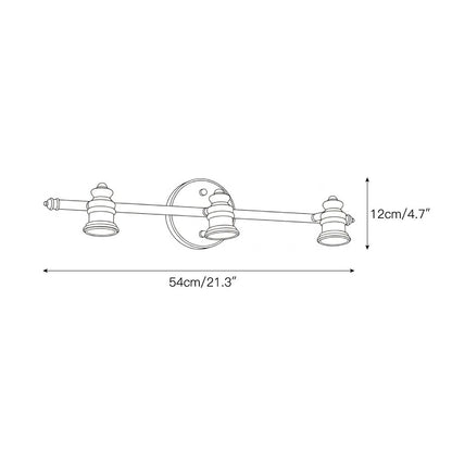 Dimension drawing of the three-head brass spotlight bar — Casa Norex