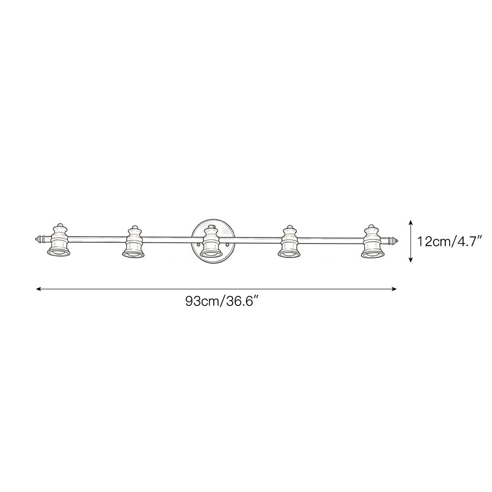 Dimension drawing of the five-head brass spotlight bar — Casa Norex