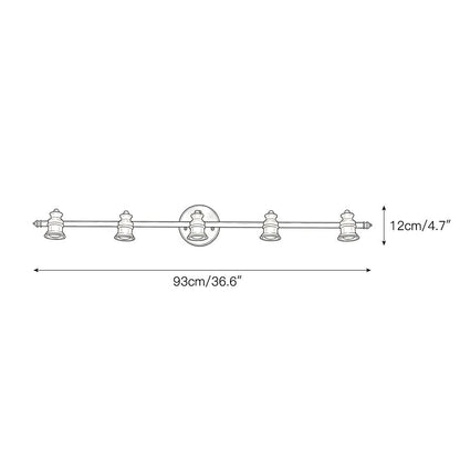 Dimension drawing of the five-head brass spotlight bar — Casa Norex