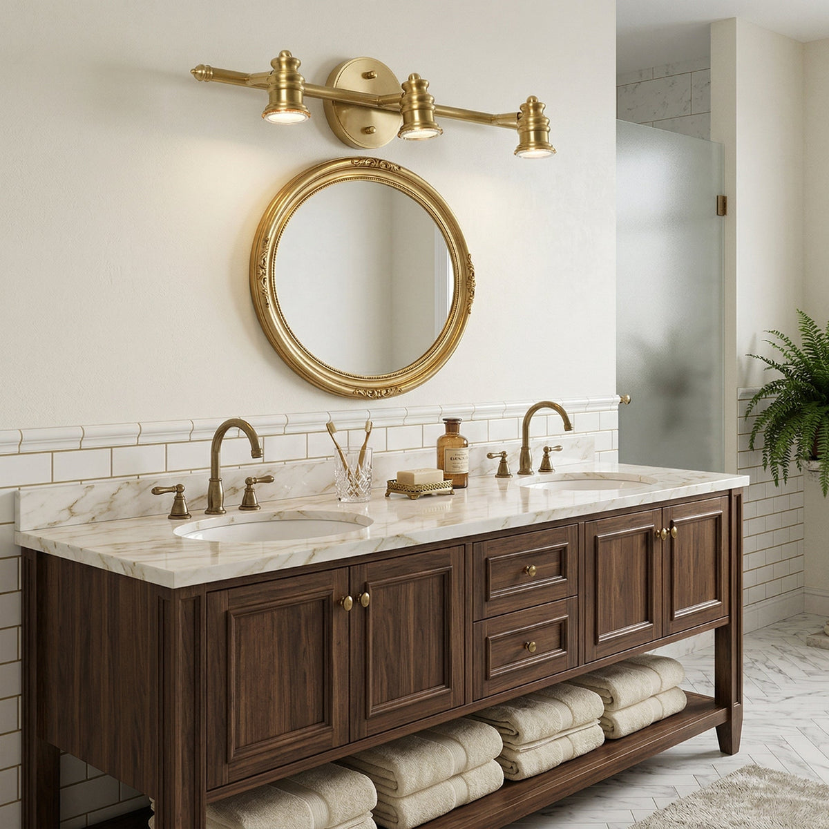 Brass spotlight bar above a round mirror over a double wooden vanity — Casa Norex
