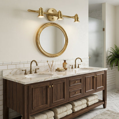 Brass spotlight bar above a round mirror over a double wooden vanity — Casa Norex