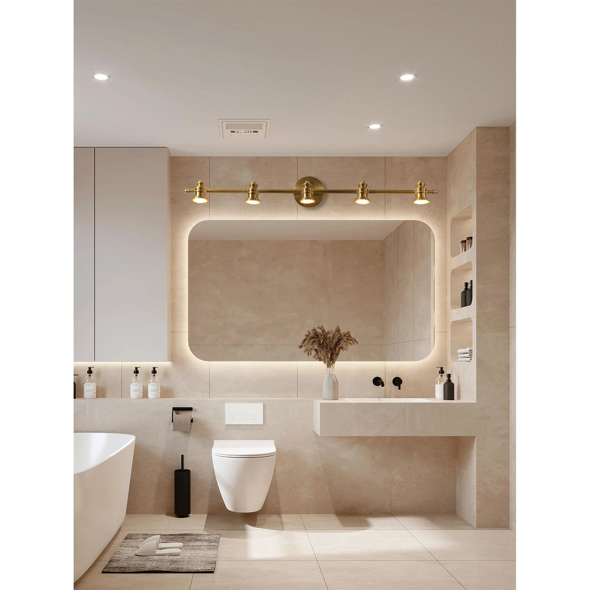 Brass spotlight bar above a wide bathroom mirror and basin — Casa Norex