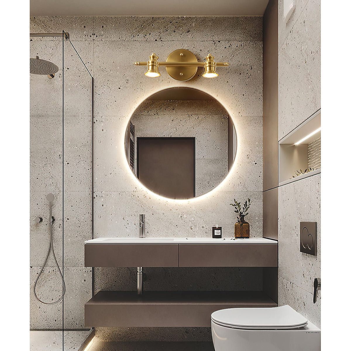 Brass spotlight bar above a round backlit mirror and floating vanity — Casa Norex