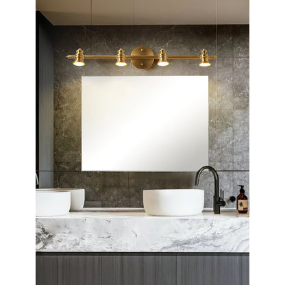 Brass spotlight bar above a rectangular mirror over a marble vanity top — Casa Norex