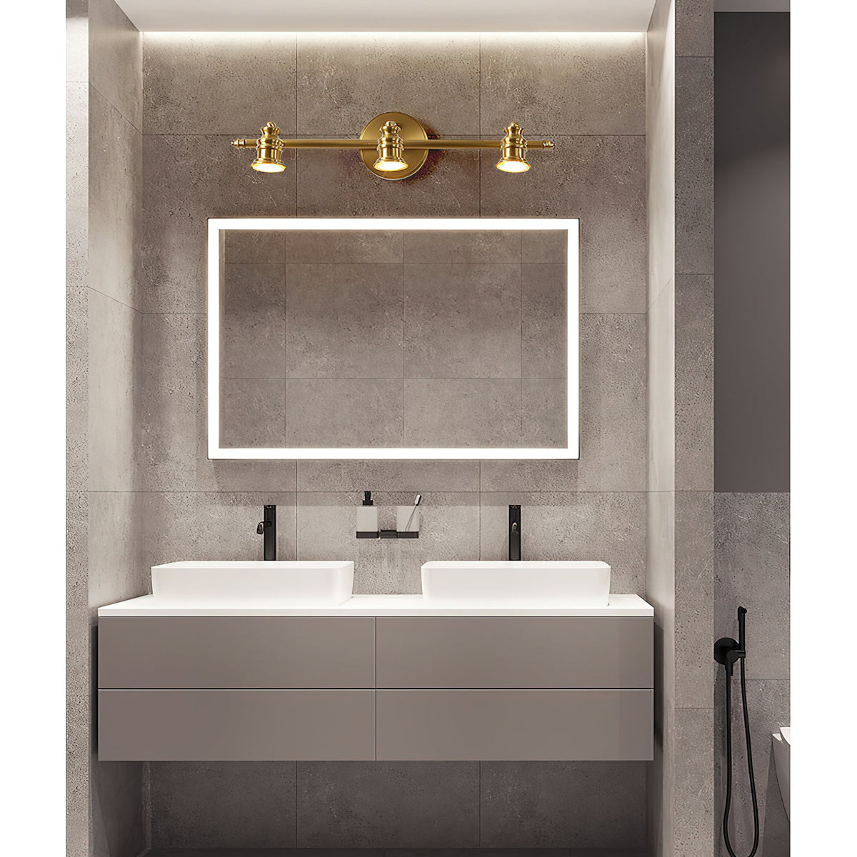 Brass spotlight bar above an illuminated mirror in a modern bathroom — Casa Norex