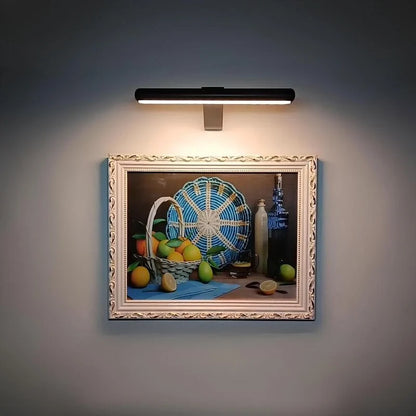 Black picture light above a framed still life on a dark wall — Casa Norex