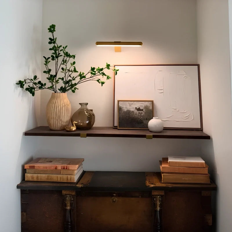 Gold picture light above a shelf display with a vase and plant — Casa Norex