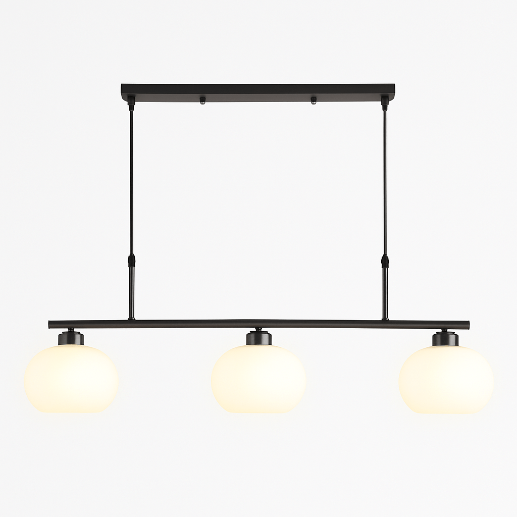Frosted glass orb chandelier — linear silhouette with metal framework in black finish | Casa Norex