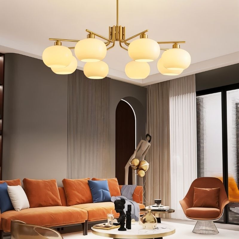 Chandelier round 8-light configuration, alternate living room angle — Casa Norex