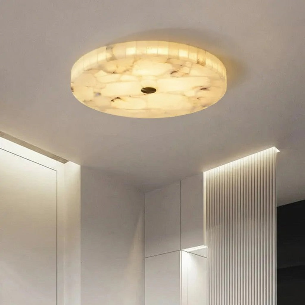 Close-up of natural alabaster veining on flush mount ceiling light | Casa Norex