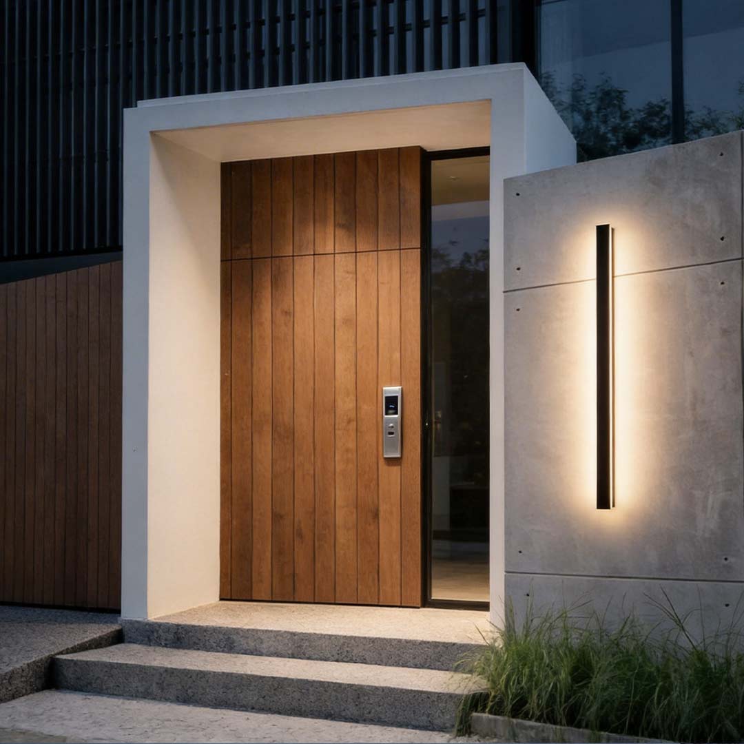 Long linear outdoor wall light at modern house entrance — sleek vertical light | Casa Norex