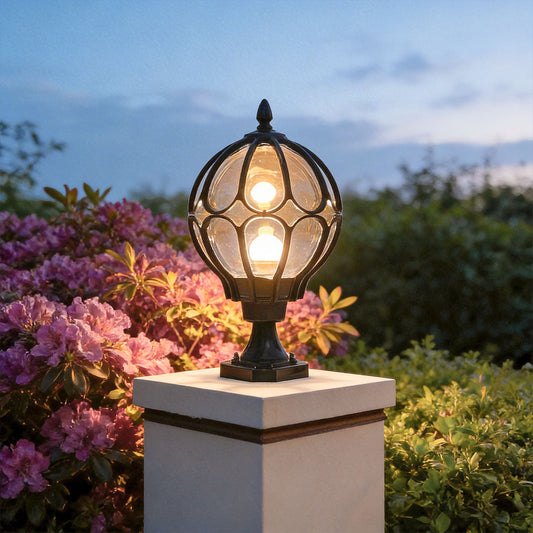 Copper glass globe outdoor post light black outdoor globe pillar light stone post flowers — Casa Norex