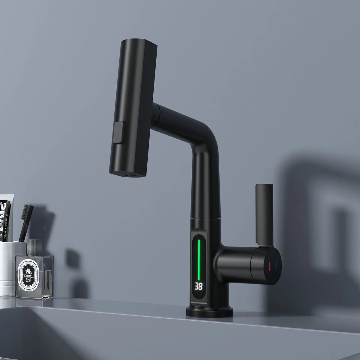 Novara Waterfall Bathroom Faucet handle detail — Matte Black finish — Casa Norex