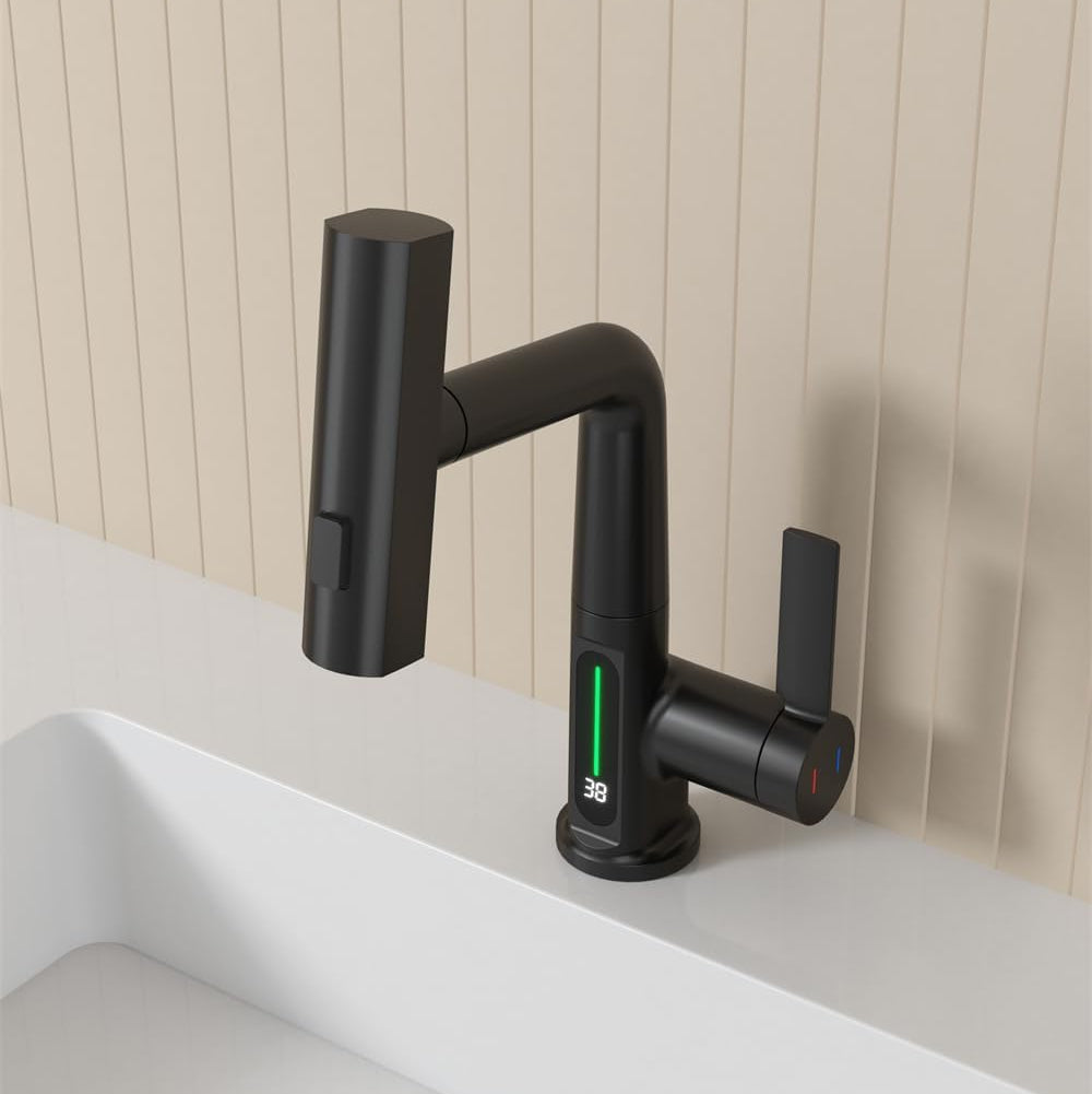 Novara Waterfall Bathroom Faucet spray head detail — Gray finish — Casa Norex