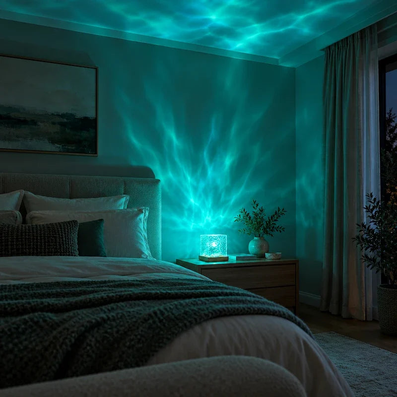 Teal aurora light patterns from a cube night light across a bedroom wall and ceiling | Casa Norex