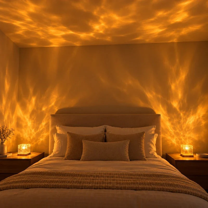 Two amber cube lamps on bedside tables casting wave patterns over a bed headboard wall | Casa Norex