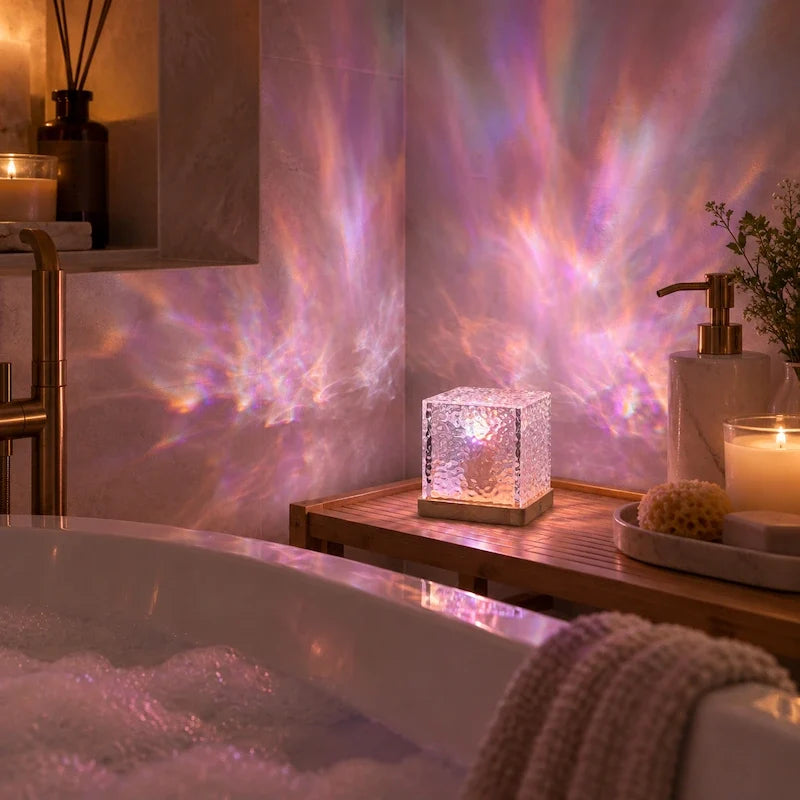 Pink and violet cube lamp on a bath-side shelf projecting light patterns on the wall | Casa Norex