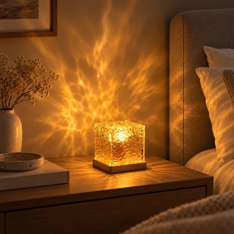 Warm amber aurora light patterns on a wall beside a vase of dried flowers — Casa Norex