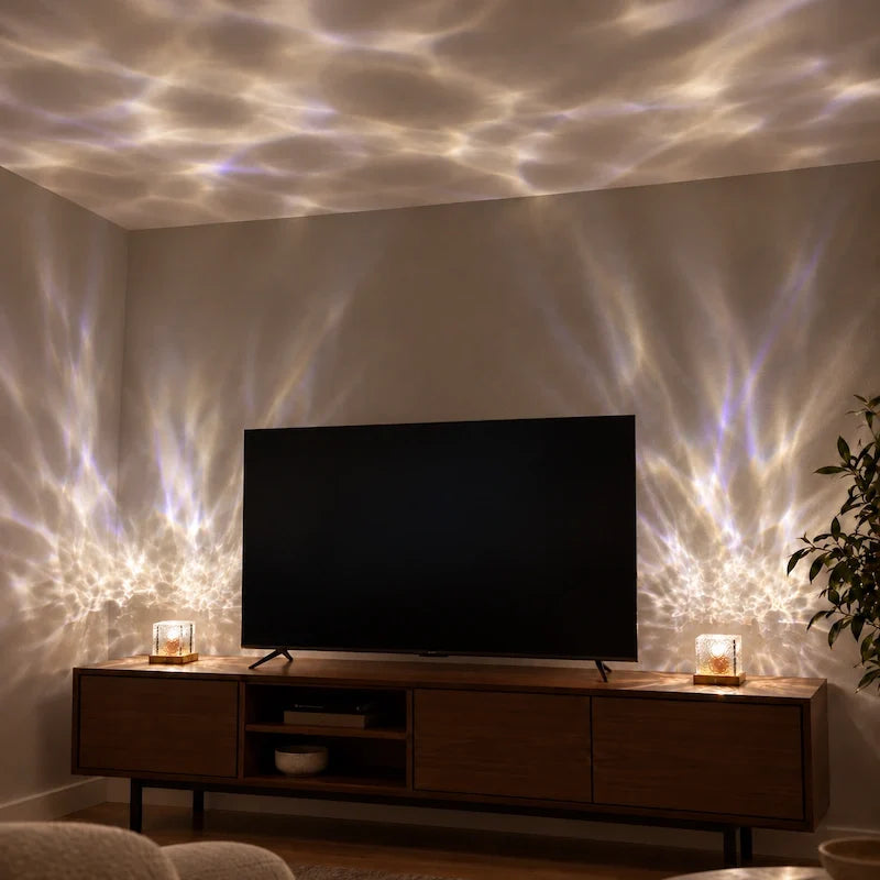 White cube lamps on a media console lighting the ceiling and wall with soft patterns — Casa Norex