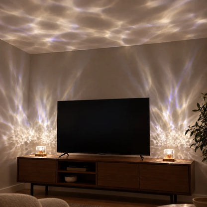 White cube lamps on a media console lighting the ceiling and wall with soft patterns — Casa Norex