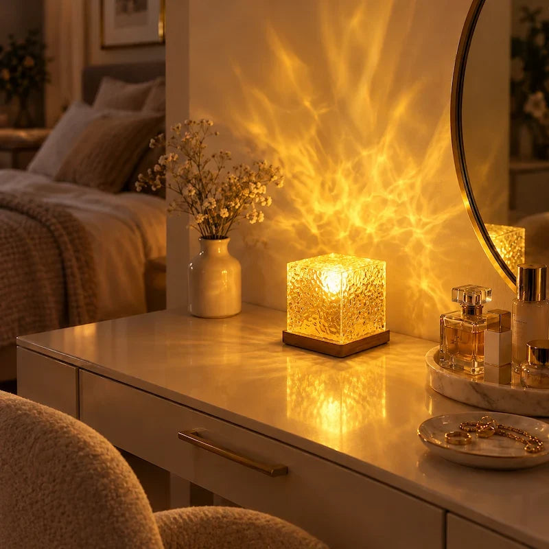 Amber textured acrylic cube lamp on a vanity beside a mirror and flowers — Casa Norex