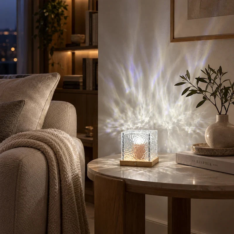 White cube night light on a round side table beside a sofa in a living room — Casa Norex