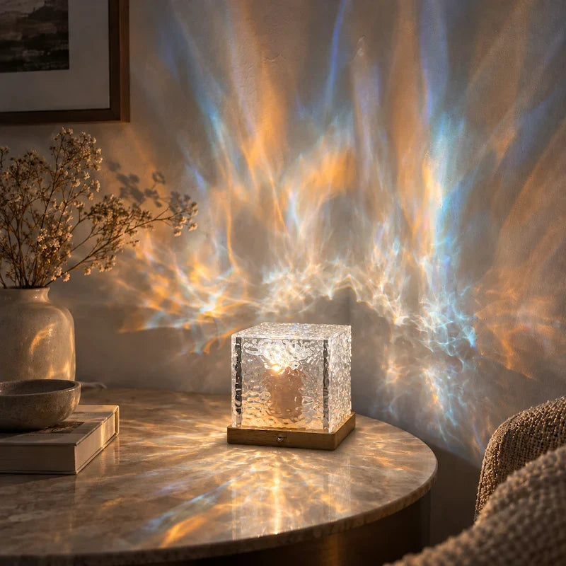 Blue and amber light patterns flowing across a wall from a cube night light — Casa Norex