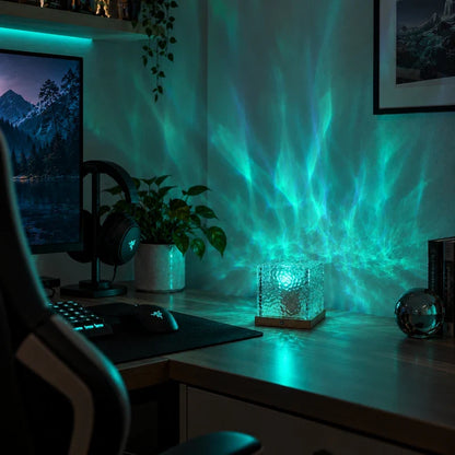 Teal light patterns on a bedroom wall near framed art from a cube night light — Casa Norex
