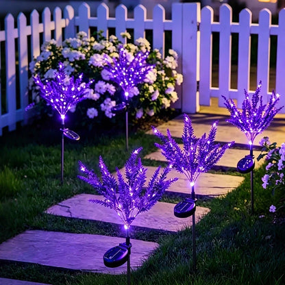 Purple lavender stake lights lining a garden path at night — Casa Norex