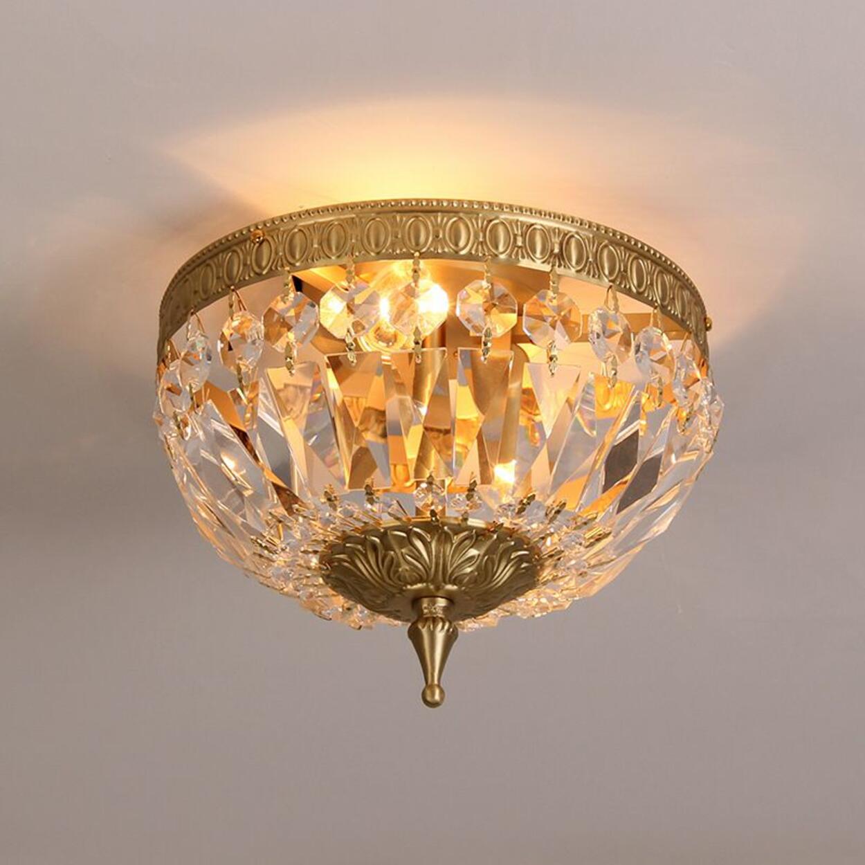 Bowl-Shaped Brass Crystal Flush Mount Ceiling Light