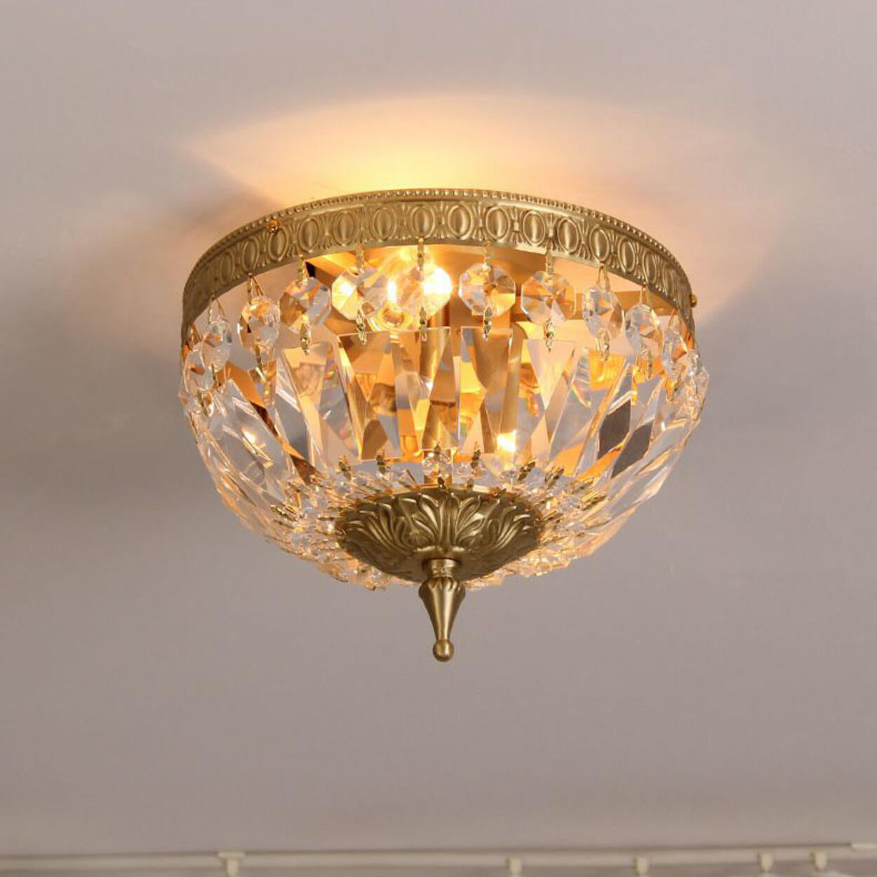 Bowl-Shaped Brass Crystal Flush Mount Ceiling Light