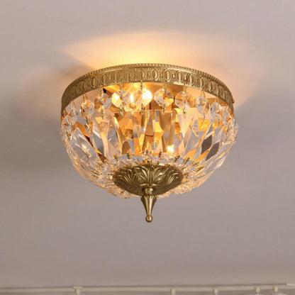 Bowl-Shaped Brass Crystal Flush Mount Ceiling Light