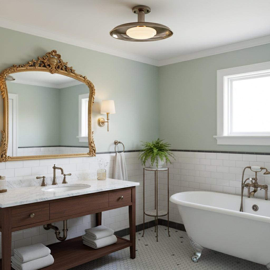Gilded iron ceiling light above a traditional bathroom with an ornate mirror — Casa Norex