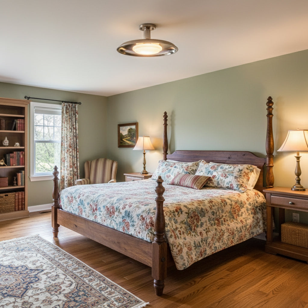 Gilded iron ceiling light in a bedroom with a four-poster bed — Casa Norex