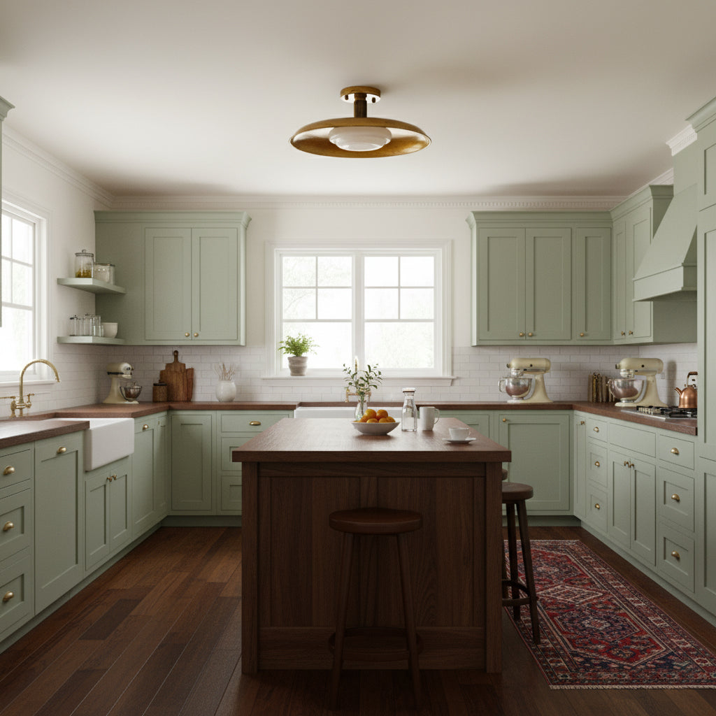 Gilded iron ceiling light in a kitchen with sage green cabinets — Casa Norex