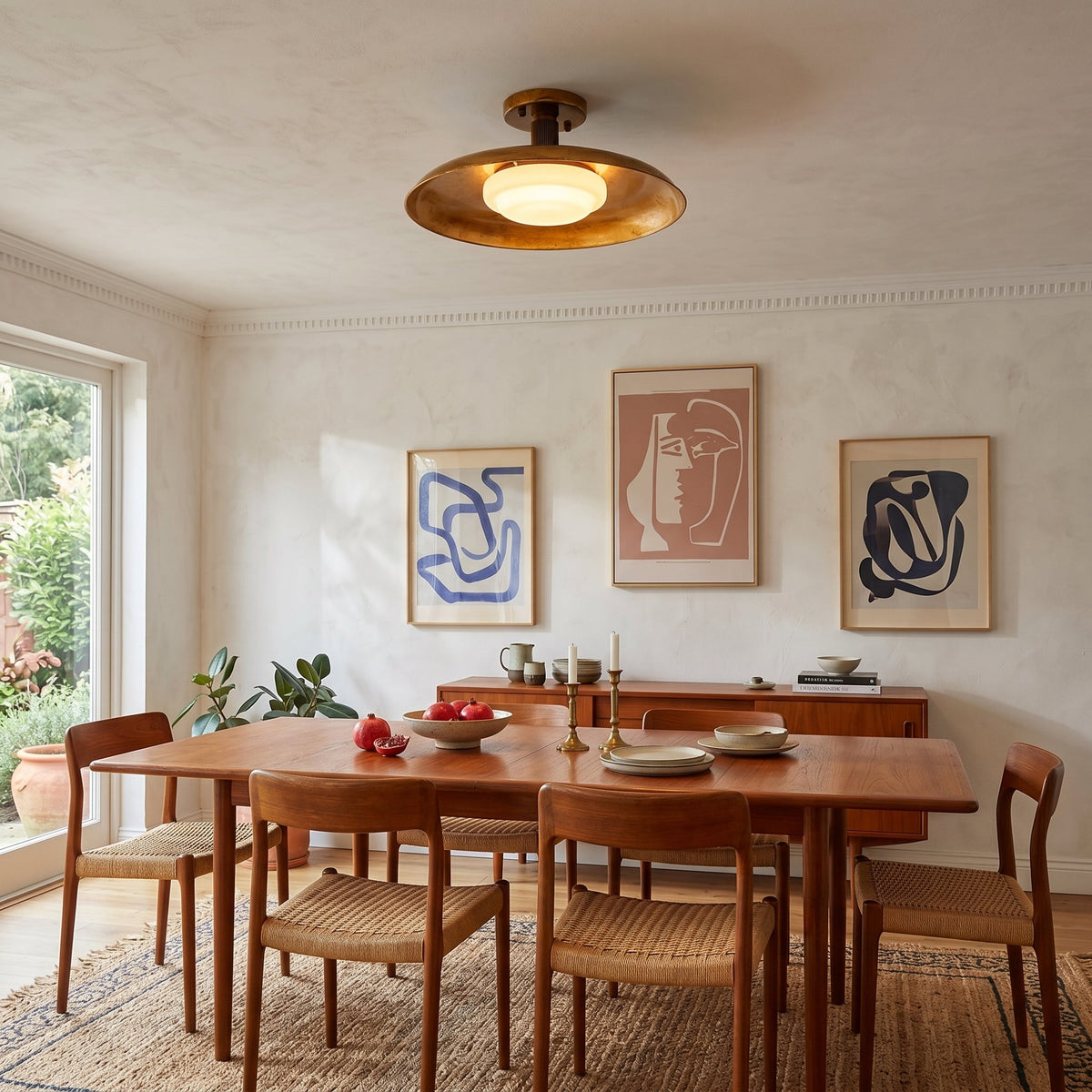 Gilded iron ceiling light above a dining table with wooden chairs — Casa Norex